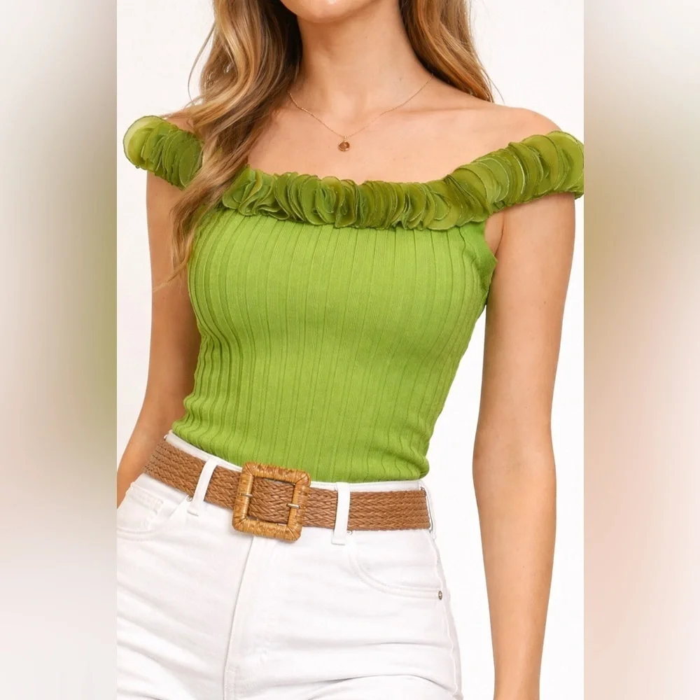Y2K Belldini Green Bead-Detail Neckline Top Size XL